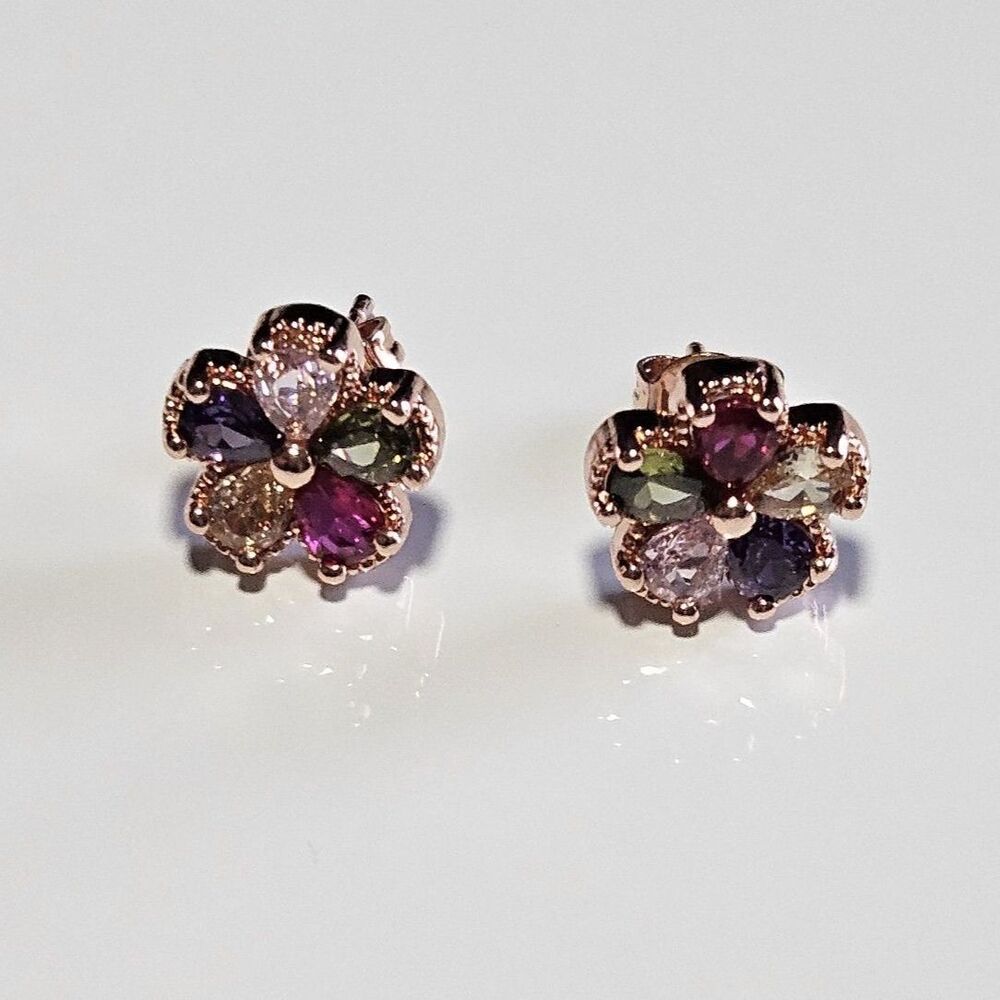 Rose Gold Tone Metal Multicolored Rhinestone Flower Stud Earrings